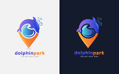 Fototapeta premium Dolphin Park Logo Design. Dolphin Combine with Location Symbol Logo Design. Vector Logo Illustration.