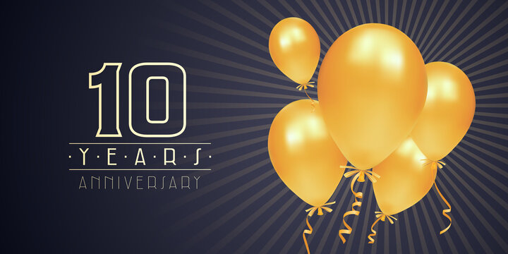 10 years anniversary vector logo, icon. Graphic element with golden color balloons for 10th anniversary