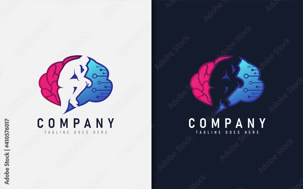 Poster abstract logo with brain tech and people thinking pose combination. vector logo illustration.