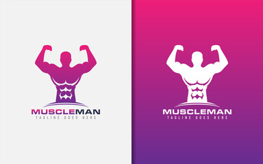 Muscle Man Logo. Gym Fitness Logo Design With People Showing His Muscles Pose. Sport Vector Logo Illustration.