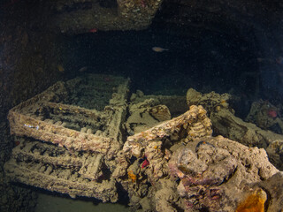 Trailer wreckage in a shipwreck (Thistlegorm, Red Sea, Sharm El Sheikh, Egypt)