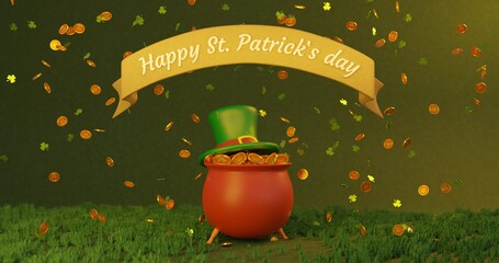 Saint Patrick`s day, pot of gold with dynamic coins and clover sign. 3d rendered illustration in 4k