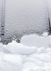 Abstract snow texture fragments on film greenhouse, white snow, winter day