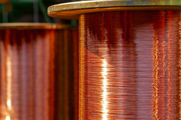 Copper wire reels in cable factory close up