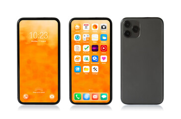 Isolated cell phone on white background. Mockup home screen and back side.