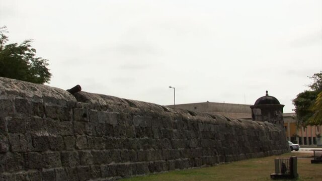 Watchtower and the walls of the fortress of Castillo de San Felipe de Barajas, Cartagena, Colombia.