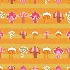 Abstract mushrooms seamless pattern on orange stripes