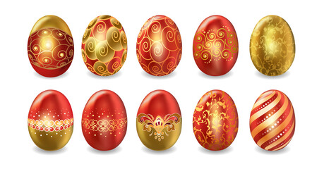 Vector set of Easter eggs decorated with ornaments in gold and red colors. Vector illustration.
