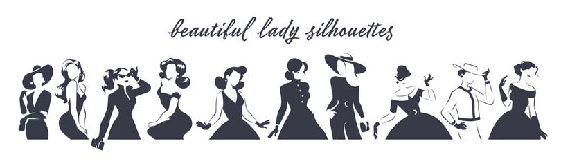 Collection of black women waist high portraits silhouettes in different poses isolated on white background. Lady fashion style with dress, trousers, accessories, hat, bags. For logo, emblems, banners.