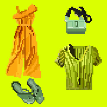 Set of pixel fashion clothes in vector: green short cardigan, orange lightweight jumpsuit, handbag, flip-flops