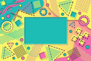 Memphis abstract background pattern illustration. Geometric elements in the 80'style in pink, yellow and green with space for text.