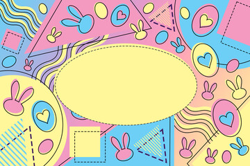 Memphis style Easter geometric pattern background illustration with lines, shapes, eggs and bunnies in pink, yellow and blue with space for text.