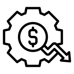 Gear with coin and decrease arrow icon, Bankruptcy related vector