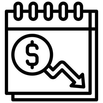 Calendar with coin and decrease arrow icon, Bankruptcy related vector