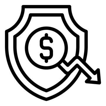 Shield with coin and decrease arrow icon, Bankruptcy related vector