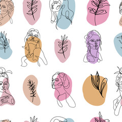 One line woman portrait and leaves seamless pattern in contemporary abstract style with colored shapes. Vector hand drawn illustration.