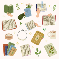 Fototapeta na wymiar Colored books,leaves,candle,coffee and hands that hold the books. Reading vector hand drawn illustration.