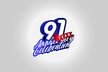 91 year anniversary, Italic Style with ribbon celebration logotype. Simple Blue color design isolated on Grey background - vector 