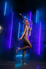 A slender sexy girl dancer in a sensual rabbit costume stands in full growth against a background of blue lights and smoke.