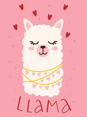 Valentines day card with cute funny llama with hearts and dots around. Hand drawn vector illustration. Scandinavian style flat design. Concept for children holiday print.