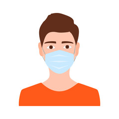 Full face of a teenage vector boy in medical mask for prevent virus. Cartoon character in face mask.