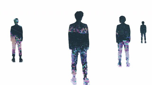 Double exposure silhouette. Genetic engineering. Human evolution. Futuristic biotechnology. Colorful liquid crystal glitch pixel motion in back view shape of man duplicating isolated on white. - Powered by Adobe