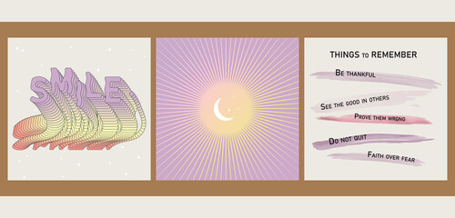 A set of three aesthetic posters with text templates. Minimalistic posters with positive phrases for social media, cover design, web. Vintage illustrations with geometric shapes, gradients, lines.