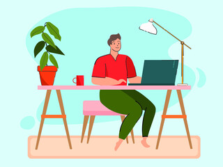 cartoon character working from home, A man sitting and working at home Like slow life due to the corona virus, coronavirus COVID-19, Vector illustrate