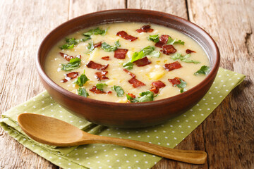 Homemade Rumfordsuppe Pea and Pearl Barley Soup recipe with bacon closeup in a plate on the table. horizontal