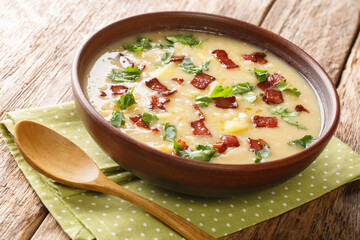 German Rumfordsuppe pea and barley economy soup with bacon close-up in a plate on the table. horizontal
