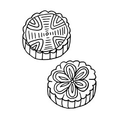 Hand drawn doodle mooncake. Chinese cuisine dish. Design sketch element for menu cafe, restaurant, label and packaging. Vector illustration on a white background.