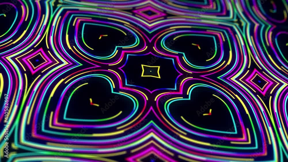 Poster 4k abstract looped bg with grows rainbow colors lines pattern like symmetrical radial ornament on pl
