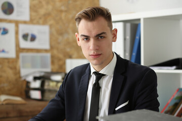 Handsome businessman portrait at workplace look in camera hands crossed. White collar worker at workspace, exchange market, job offer, certified public accountant, internal Revenue officer concept
