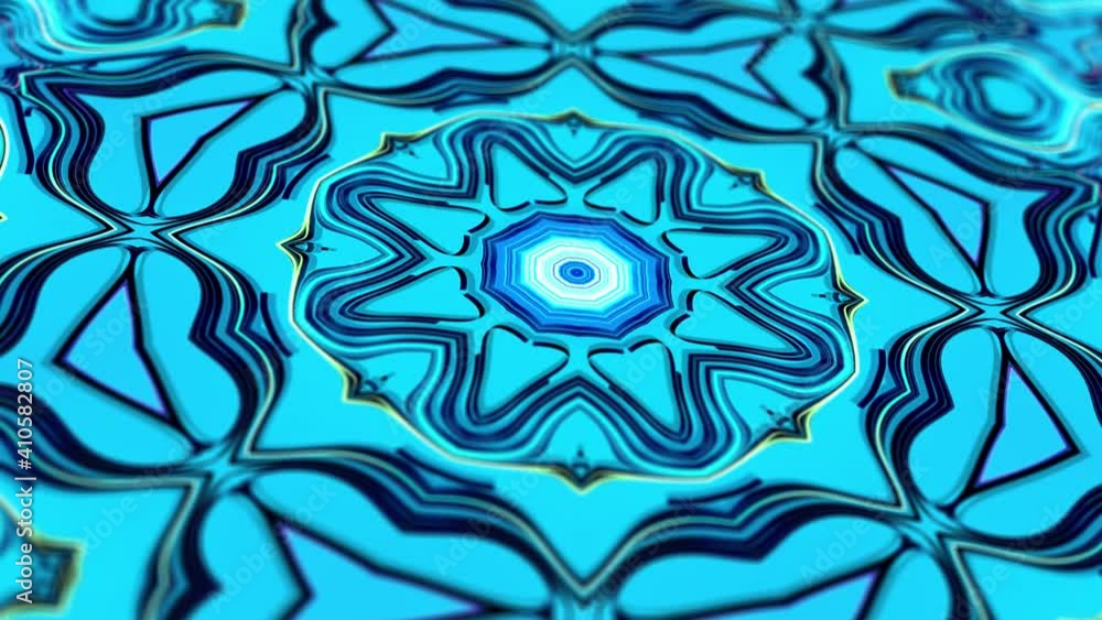 Poster kaleidoscopic structure with neon flash lights. pattern like symmetrical radial ornament on blue pla