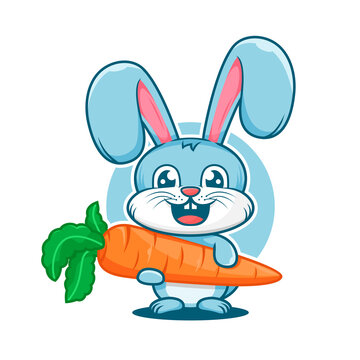 Cute rabbit smiles with carrot cartoon mascot logo template flat design