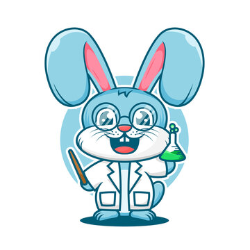 Cute rabbit professor cartoon mascot logo template flat design 