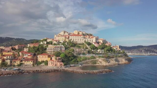Imperia Borgo Prino Porto Maurizio aerial view in Liguria, Mediterranean sea, Italy. Travel destination, drone, tourism.