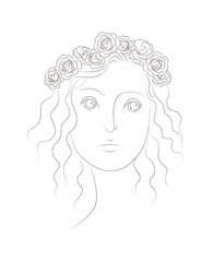 Woman with a wreath of flowers on her head, linear abstract portrait in a minimalist style. Romantic spring mood, the power of female beauty. Stock vector illustration for web and print. 