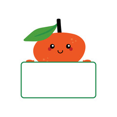 Vector cute cartoon style tangerine, clementine, mandarin orange character holding blank, empty card, banner in hands.