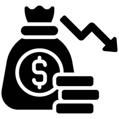 Coins bag with decrease arrow icon, Bankruptcy related vector