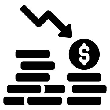 Coins with down arrow icon, Bankruptcy related vector