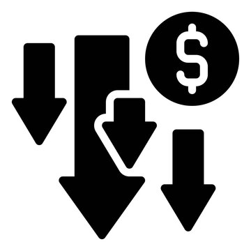 Coin with many down arrow icon, Bankruptcy related vector
