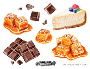 Sweet food set watercolor illustration isolated on white background