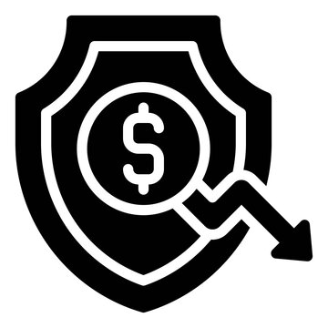 Shield with coin and decrease arrow icon, Bankruptcy related vector