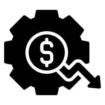 Gear with coin and decrease arrow icon, Bankruptcy related vector