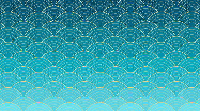 Vector creative design with Japanese wave background. Seigaiha - traditional Asian art heritage . Blue gradient circles with gold lines. Pattern as symbol of water and ocean