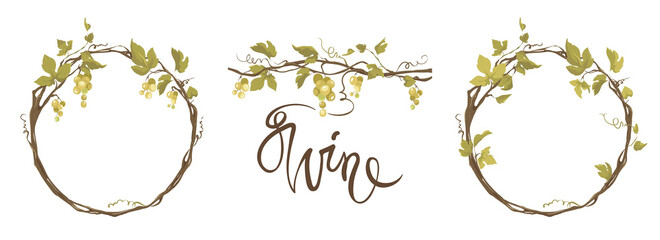 Grapevine - vector illustration. Design elements with a twisting vine with leaves and green berries. Freehand drawing in watercolor style. Frame with vine. © imagination13