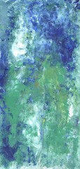 Textured oil painting, background in cool green blue tones with splashes of white, brush texture ,soft color transitions. Sea effect