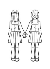  Two girls in sailor uniforms holding hands. (coloring book)