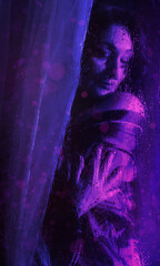 adult woman behind wet glass with raindrops